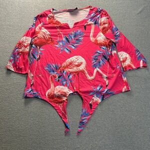 Onque Casual Tropical Sharkbite Top Womens XL Pink Flamingo 3/4 Sleeve Blouse